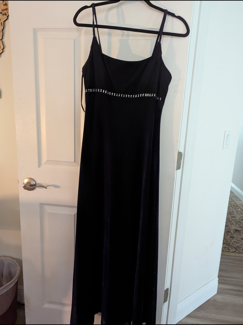 Betsy & Adam Black Velvet Maxi Dress with Rhinestone Band
